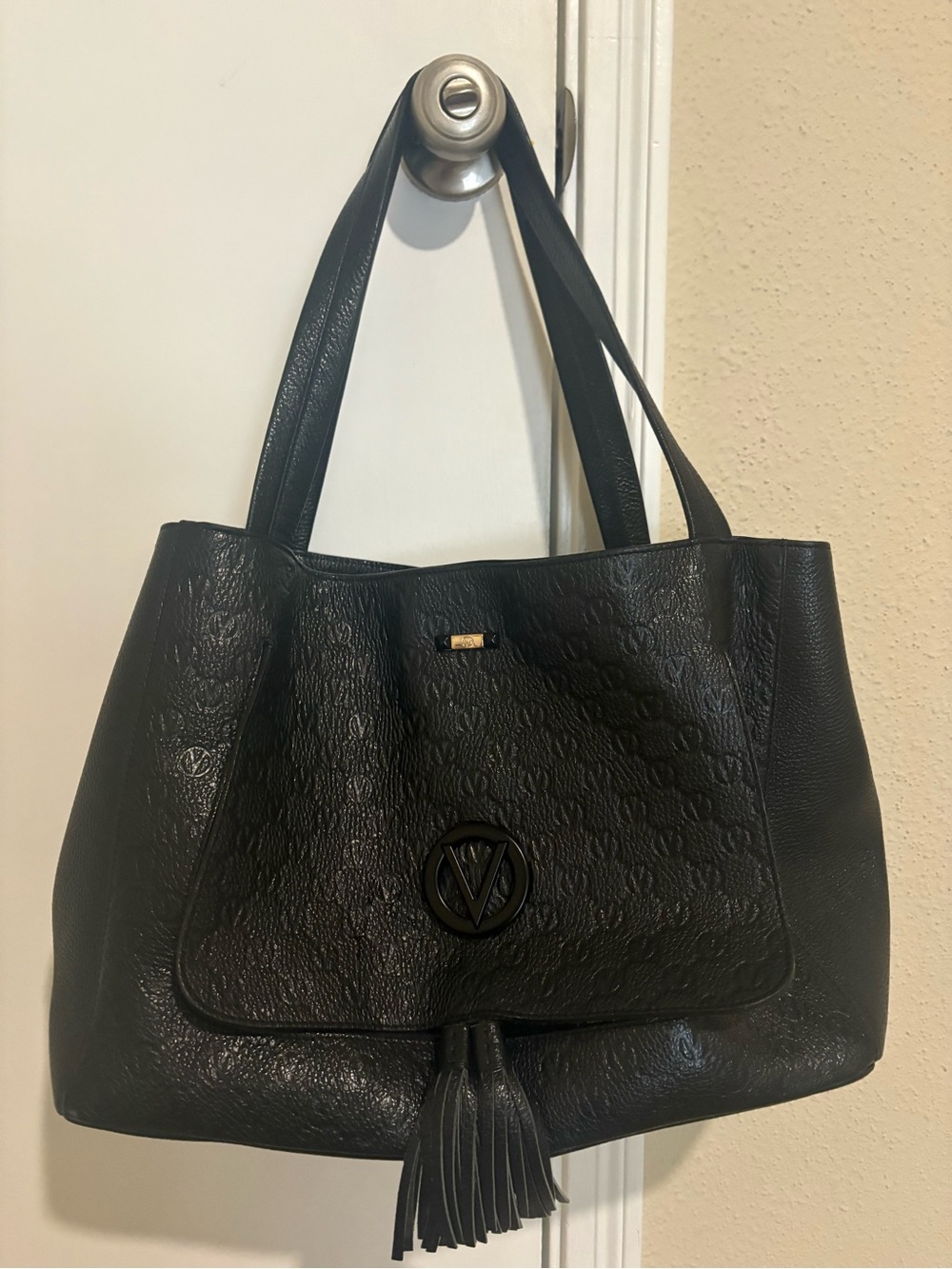Valentino by Mario Black Leather Tote with Tassel Detail